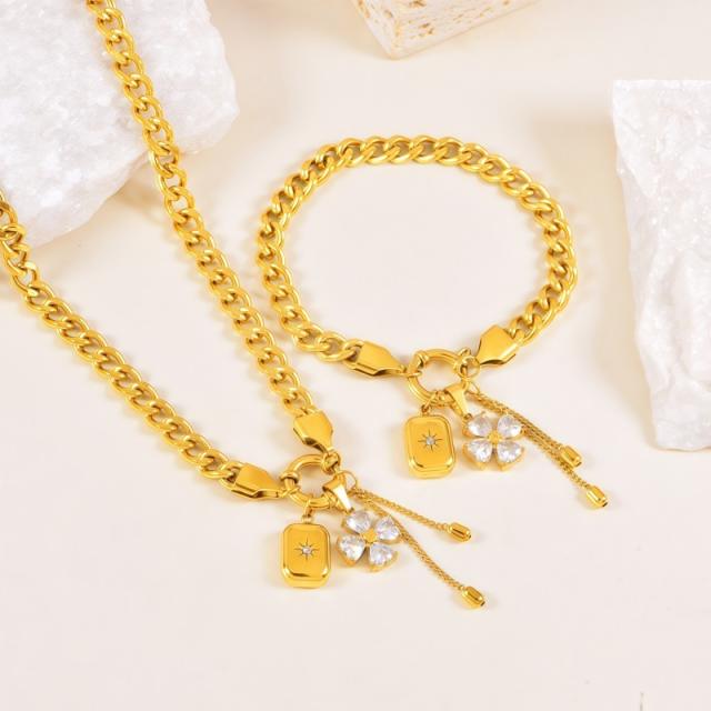 Thick chain diamond clover block charm stainless steel necklace bracelet suit