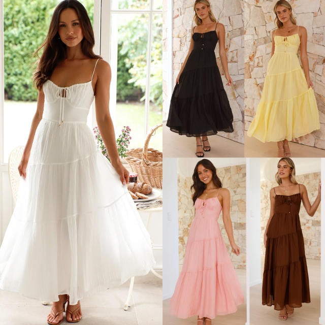 2025 sleeveless stitching sling long backless lace-up dress