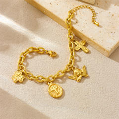 Vintage thich chain cross angel charm stainless steel bracelet