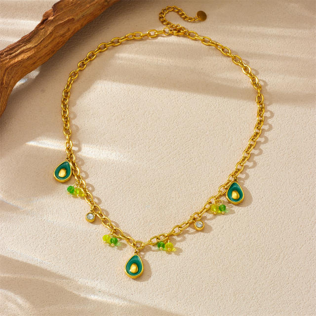 Summer enamel avocado sweet charm stainless steel necklace