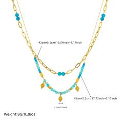 Boho two layer light blue bead stainless steel necklace