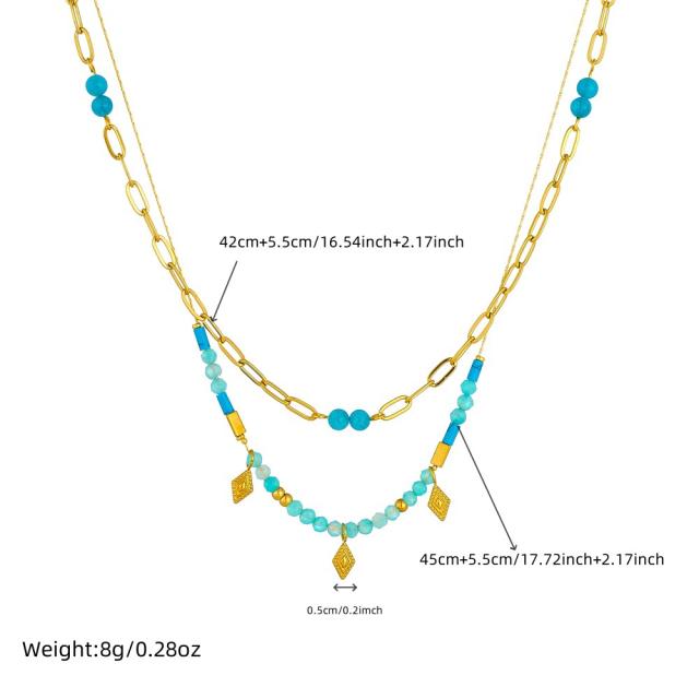 Boho two layer light blue bead stainless steel necklace