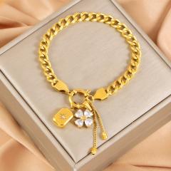 Thick chain diamond clover block charm stainless steel necklace bracelet suit
