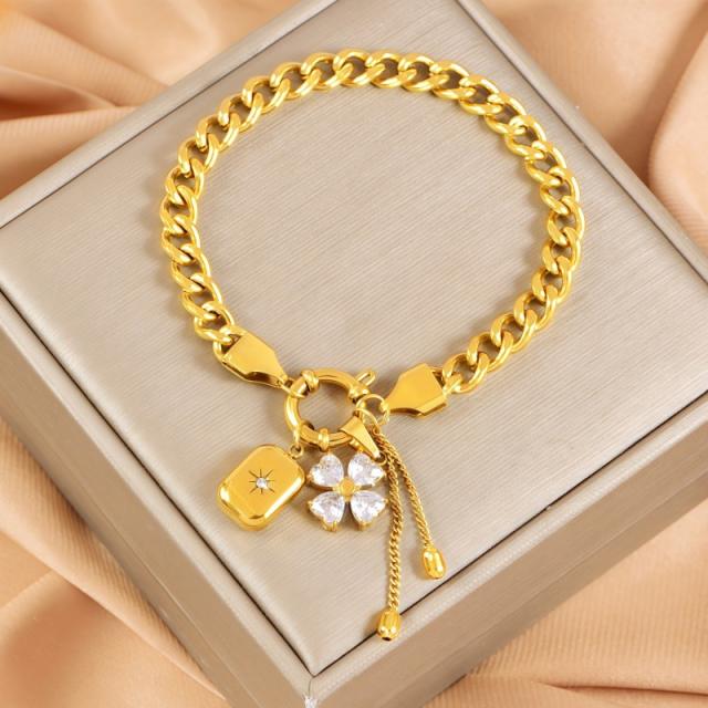 Thick chain diamond clover block charm stainless steel necklace bracelet suit