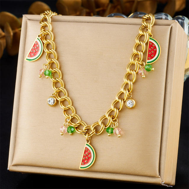 Korean fashion enamel watermelon charm stainless steel necklace
