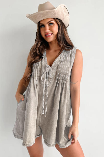 2025 summer new street tide sleeveless short sleeve shorts Denim jumpsuit