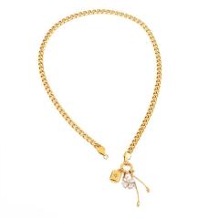 Thick chain diamond clover block charm stainless steel necklace bracelet suit