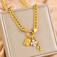 Thick chain diamond clover block charm stainless steel necklace bracelet suit