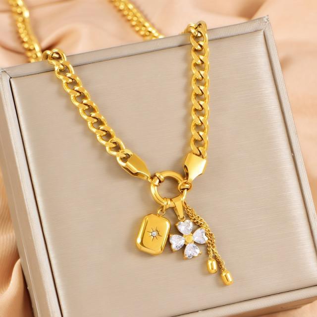 Thick chain diamond clover block charm stainless steel necklace bracelet suit