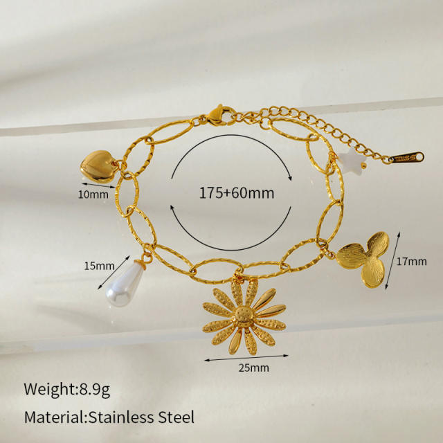 New Fashion Flower Love Multi-pendant charm bracelet stainless steel bracelet
