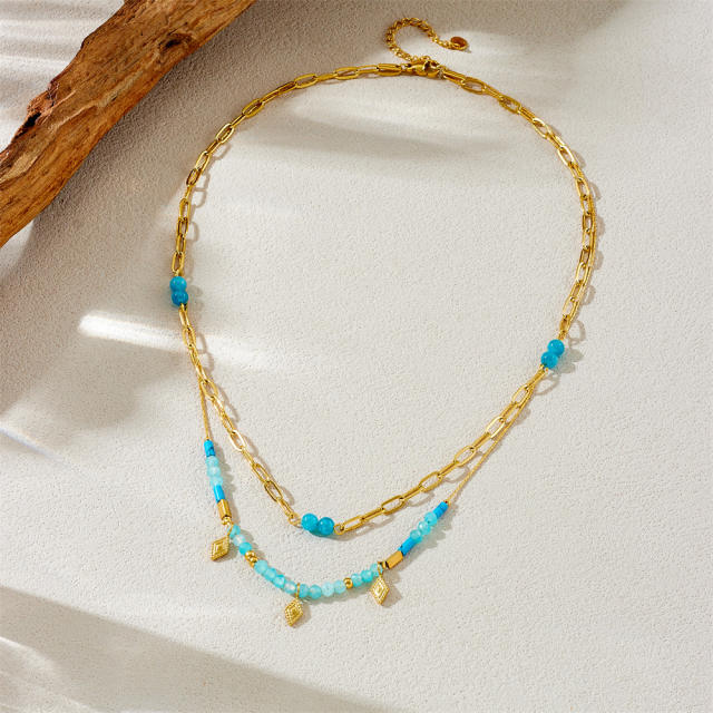 Boho two layer light blue bead stainless steel necklace