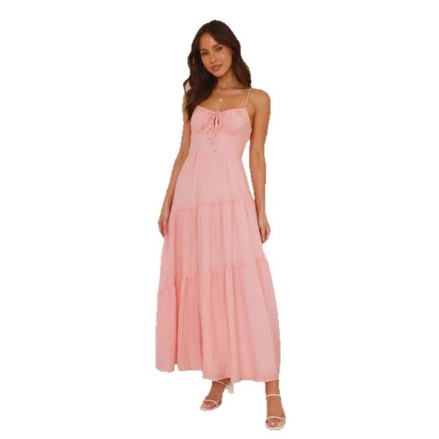 2025 sleeveless stitching sling long backless lace-up dress