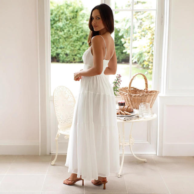 2025 sleeveless stitching sling long backless lace-up dress