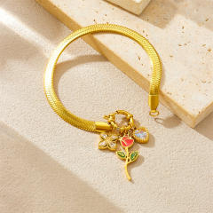 Enamel rose flower clover diamond charm snake chain stainless steel bracelet