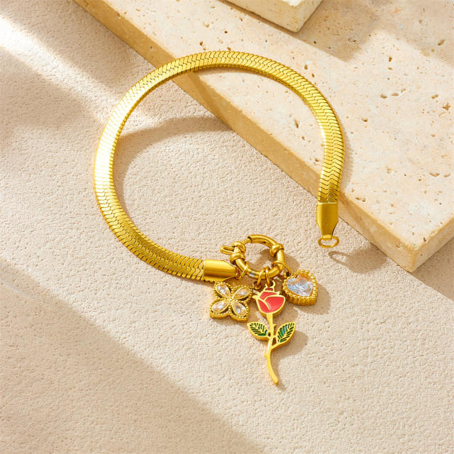 Enamel rose flower clover diamond charm snake chain stainless steel bracelet