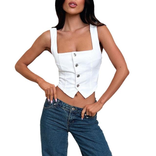 Denim small vest breasted shoulder strap solid color sling top crop tops
