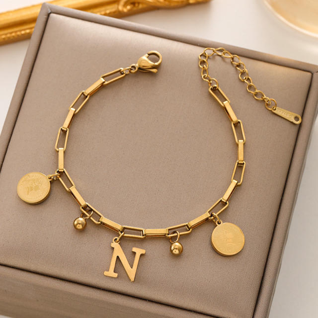 Queen letter coin charm initial letter charm stainless steel bracelet