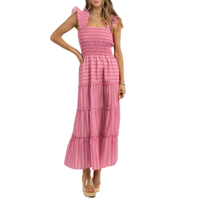 Women's Striped Sleeveless Ruffled Skirt Long Sweet dress Women