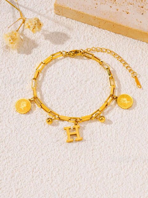 Queen letter coin charm initial letter charm stainless steel bracelet