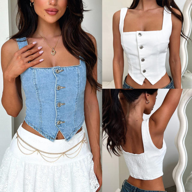Denim small vest breasted shoulder strap solid color sling top crop tops