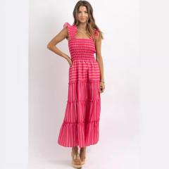 Women's Striped Sleeveless Ruffled Skirt Long Sweet dress Women