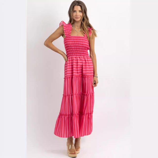 Women's Striped Sleeveless Ruffled Skirt Long Sweet dress Women