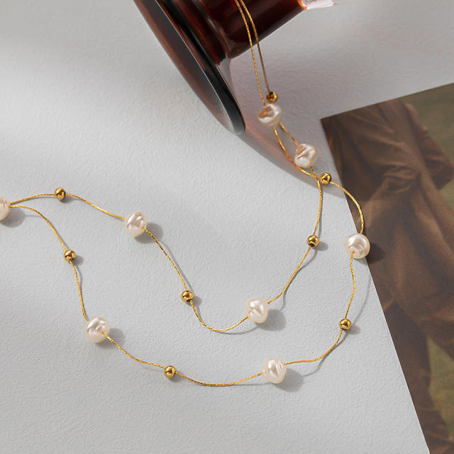 Elegant imitation pearl two layer stainless steel necklace long necklace