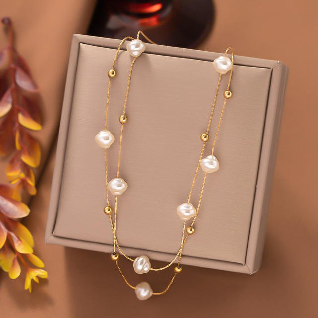 Elegant imitation pearl two layer stainless steel necklace long necklace