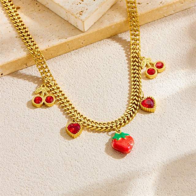 Creative fresh fruit series strawberry charm stainless steel necklace
