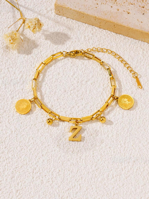 Queen letter coin charm initial letter charm stainless steel bracelet