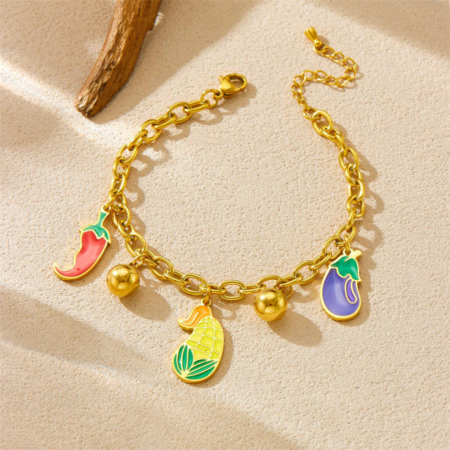 Cartoon enamel vegetables charm stainless steel bracelet