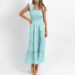 Women's Striped Sleeveless Ruffled Skirt Long Sweet dress Women