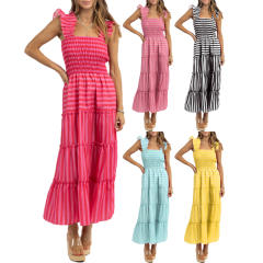 Women's Striped Sleeveless Ruffled Skirt Long Sweet dress Women