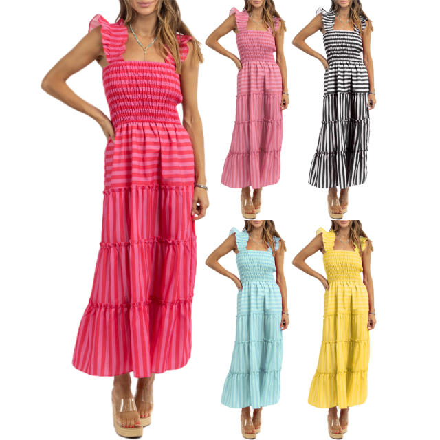 Women's Striped Sleeveless Ruffled Skirt Long Sweet dress Women