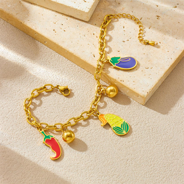 Cartoon enamel vegetables charm stainless steel bracelet