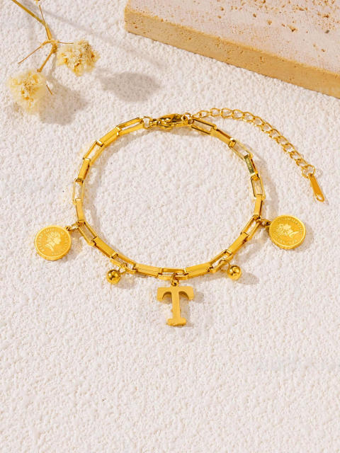 Queen letter coin charm initial letter charm stainless steel bracelet
