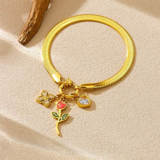 Enamel rose flower clover diamond charm snake chain stainless steel bracelet
