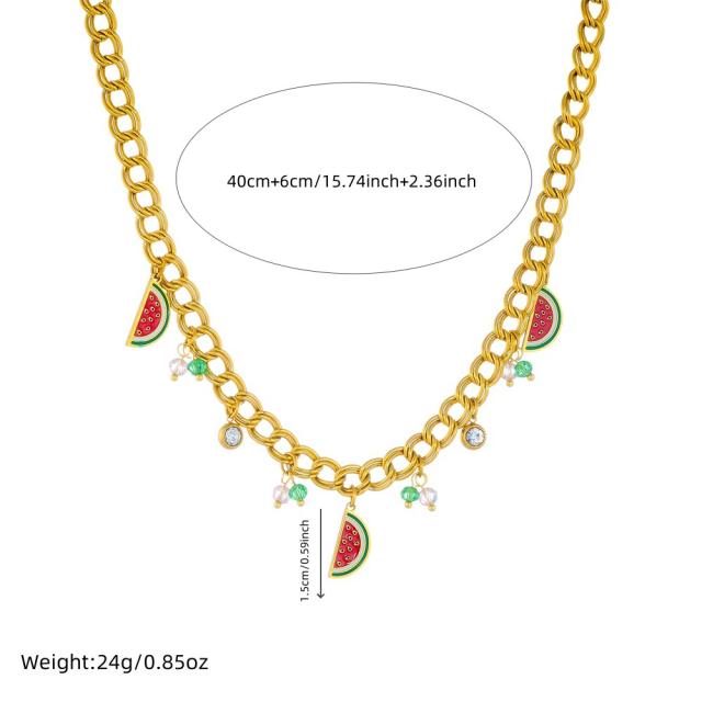 Korean fashion enamel watermelon charm stainless steel necklace