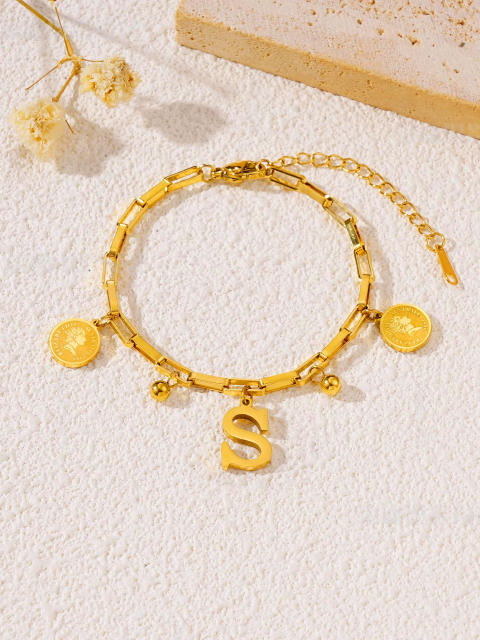 Queen letter coin charm initial letter charm stainless steel bracelet