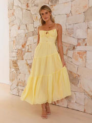2025 sleeveless stitching sling long backless lace-up dress