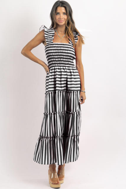 Women's Striped Sleeveless Ruffled Skirt Long Sweet dress Women