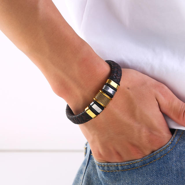 Stainless steel bracelet men's simple fiber leather bracelet