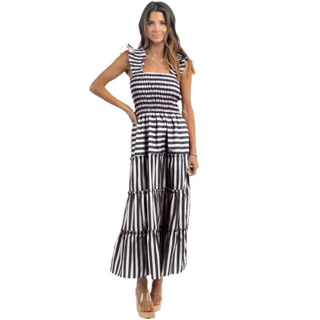 Women's Striped Sleeveless Ruffled Skirt Long Sweet dress Women
