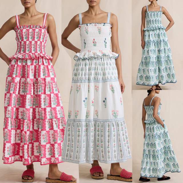 Holiday Style Women's Sling dress New Wave Edge Floral Fresh Sweet Relaxation Long Dress
