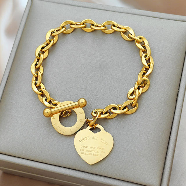 Initial heart charm stainless steel chain bracelet toggle bracelet