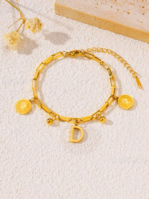 Queen letter coin charm initial letter charm stainless steel bracelet