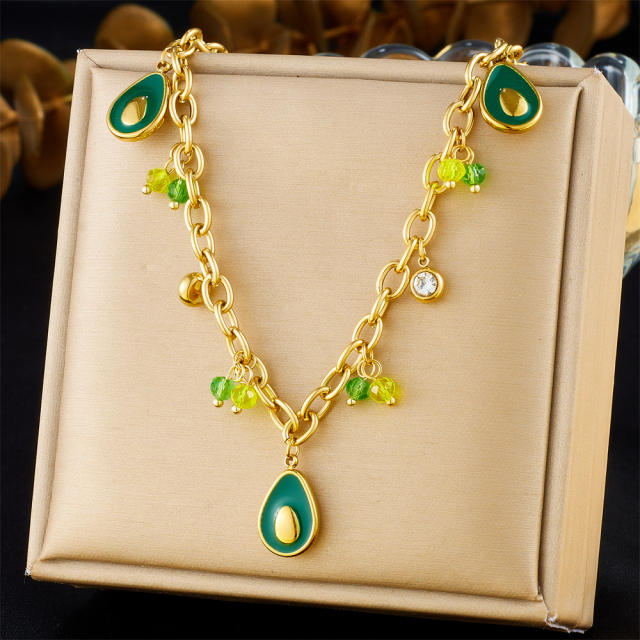 Summer enamel avocado sweet charm stainless steel necklace