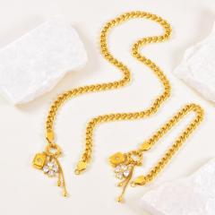 Thick chain diamond clover block charm stainless steel necklace bracelet suit