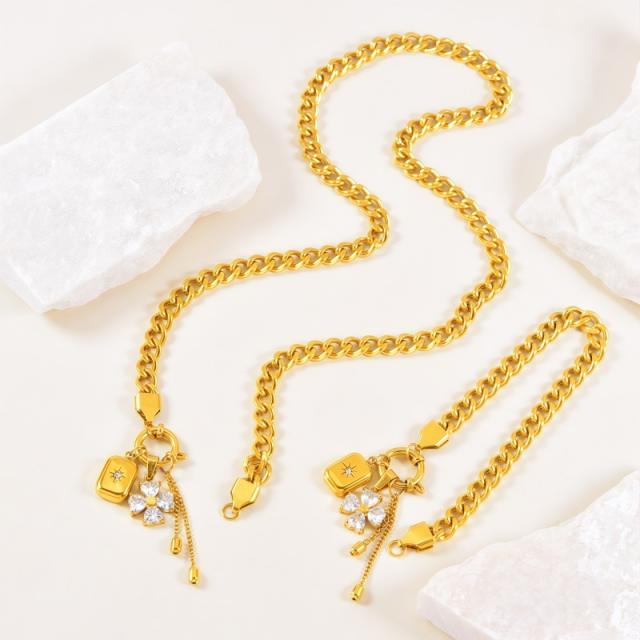 Thick chain diamond clover block charm stainless steel necklace bracelet suit