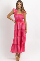 Women's Striped Sleeveless Ruffled Skirt Long Sweet dress Women